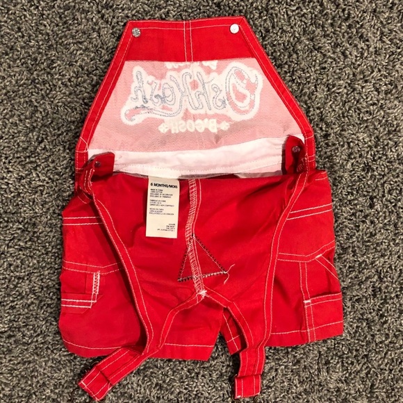5/$25 OshKosh red and navy blue overall shorts - Picture 3 of 3